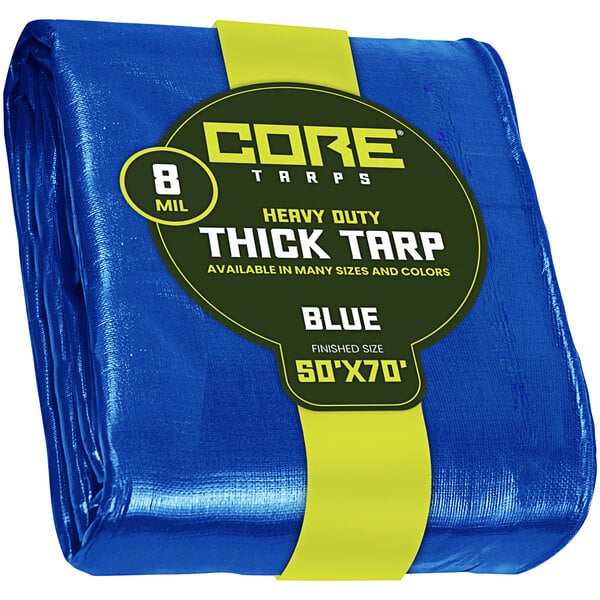 A blue Core Heavy-Duty Poly Tarp with reinforced edges in packaging.