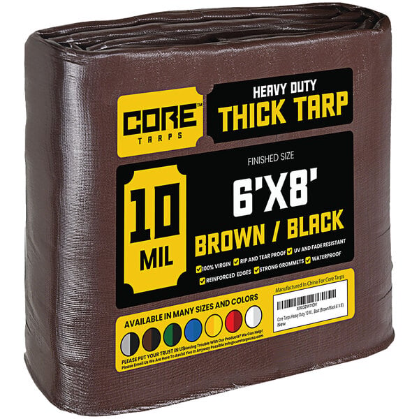 A brown plastic-wrapped roll of Core 6' x 8' Brown Heavy-Duty Weatherproof Poly Tarp.