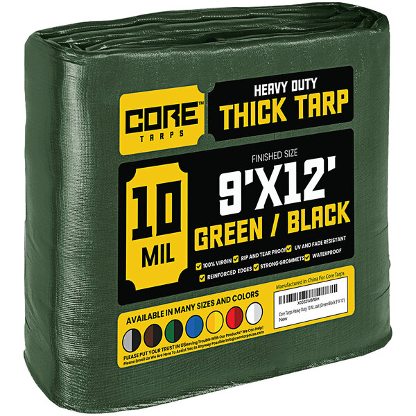 A green and black Core 10 mil poly tarp with reinforced edges.