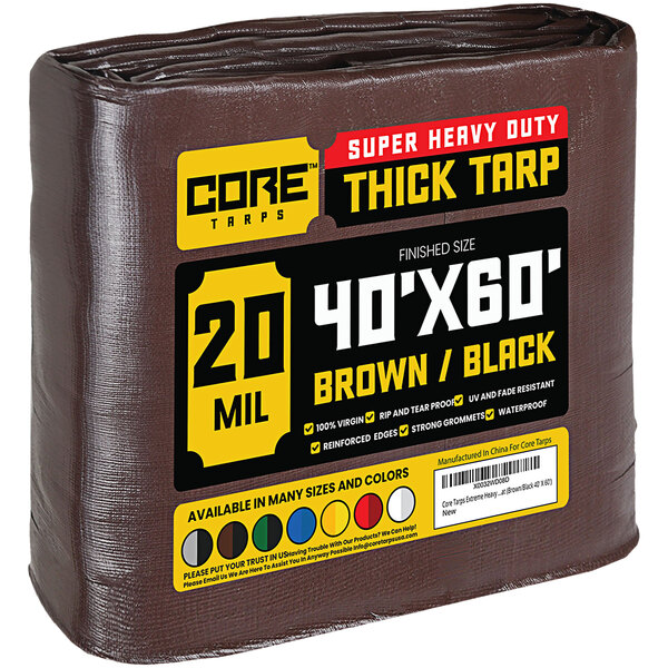 A brown and black Core heavy-duty weatherproof poly tarp with reinforced edges.