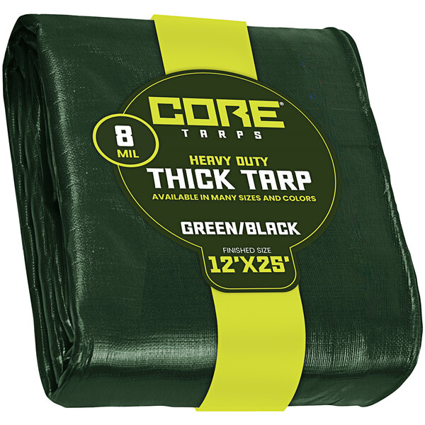 A green Core 8 Mil poly tarp with reinforced edges and yellow label.