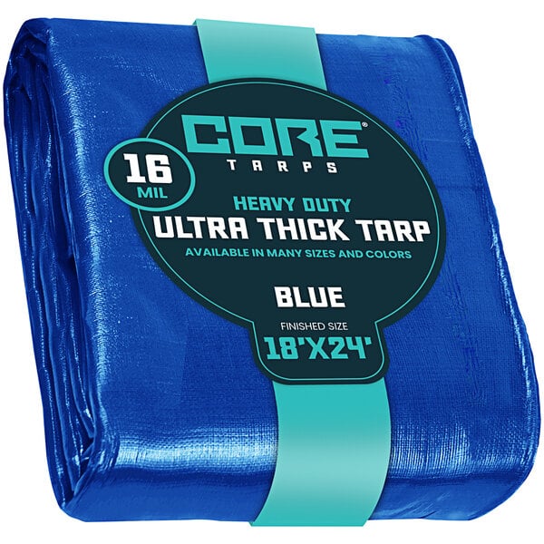 A packaged blue Core Extra Heavy-Duty Poly Tarp with reinforced edges.