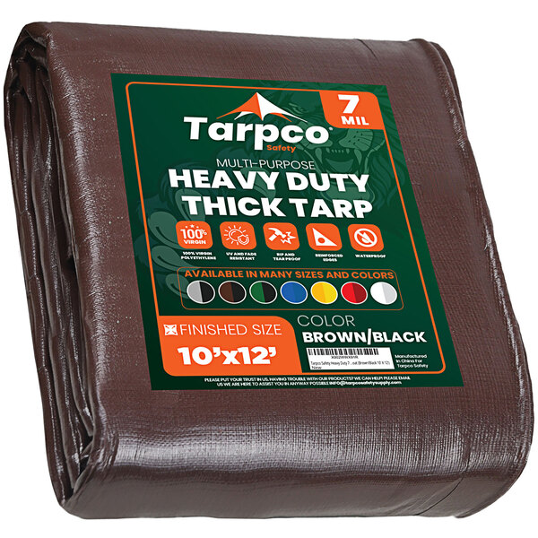 A brown Tarpco heavy-duty weatherproof tarp with green and white text.
