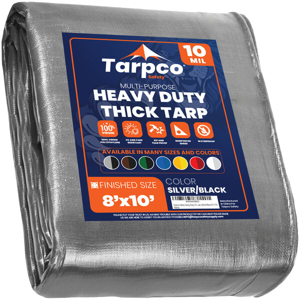 A Tarpco heavy-duty weatherproof tarp with silver and black wrapping.