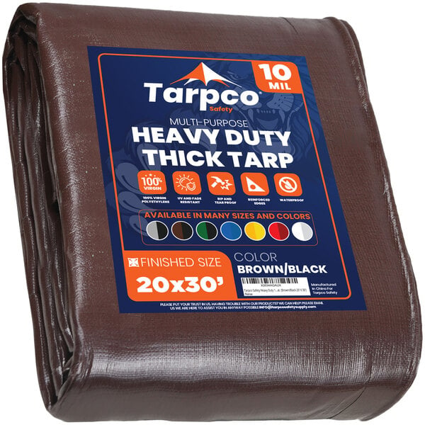 A brown Tarpco heavy-duty poly tarp with reinforced edges.