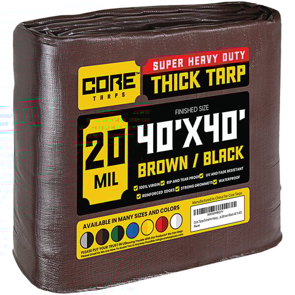 A brown and black Core 40' x 40' poly tarp with reinforced edges.