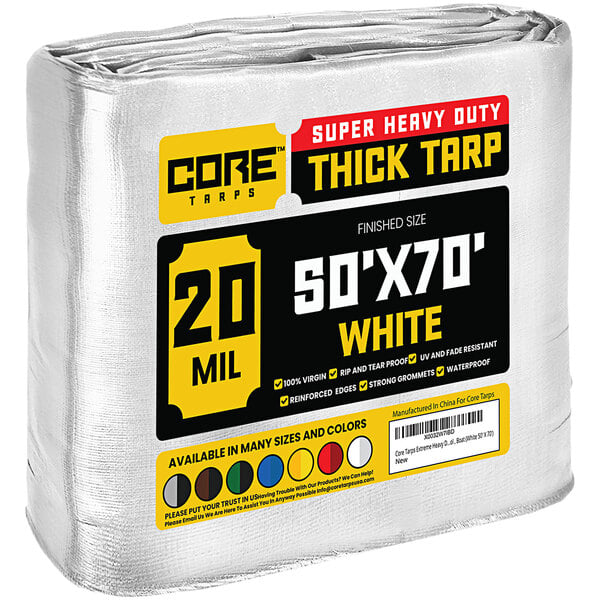 A large roll of white Core Extreme Heavy-Duty Weatherproof 20 Mil Poly Tarp.