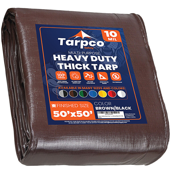 A brown tarp with blue and white label.