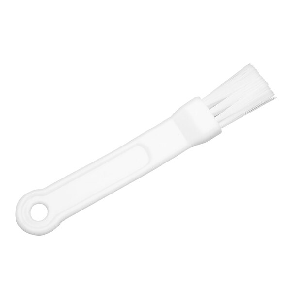 A white plastic baffle brush with synthetic bristles and a hole in the handle for hanging.