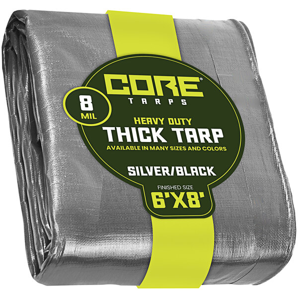 A close up of a Core Heavy-Duty Weatherproof Poly Tarp with Silver and Black Sides and Reinforced Edges.