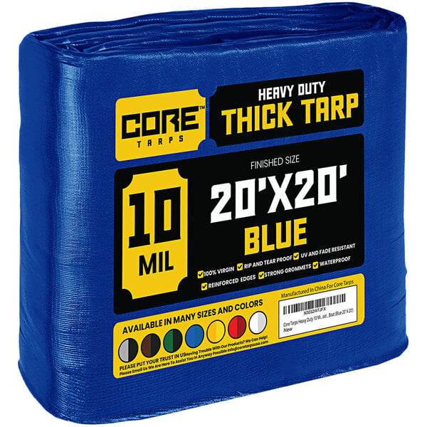 A blue tarp with reinforced edges in blue plastic packaging.