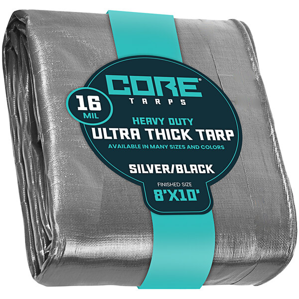 A close up of a Core silver and black heavy-duty poly tarp with reinforced edges.