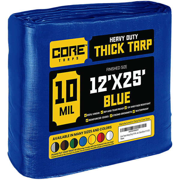 A blue tarp with reinforced edges wrapped in plastic.