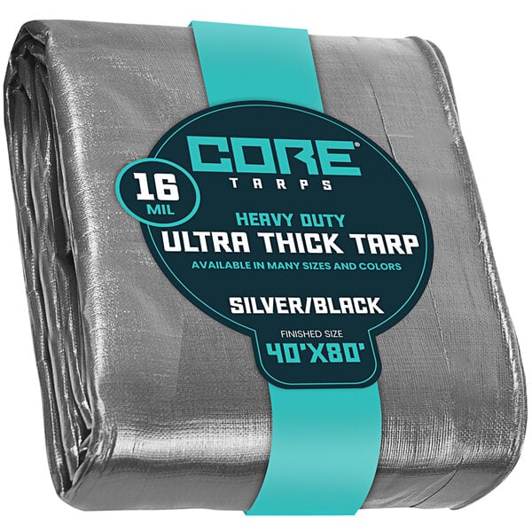A close up of a Core silver and black heavy-duty poly tarp with reinforced edges.