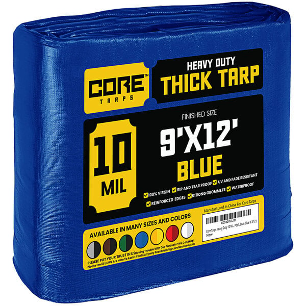 A blue Core Heavy-Duty 10 Mil Poly Tarp with reinforced edges in plastic packaging.