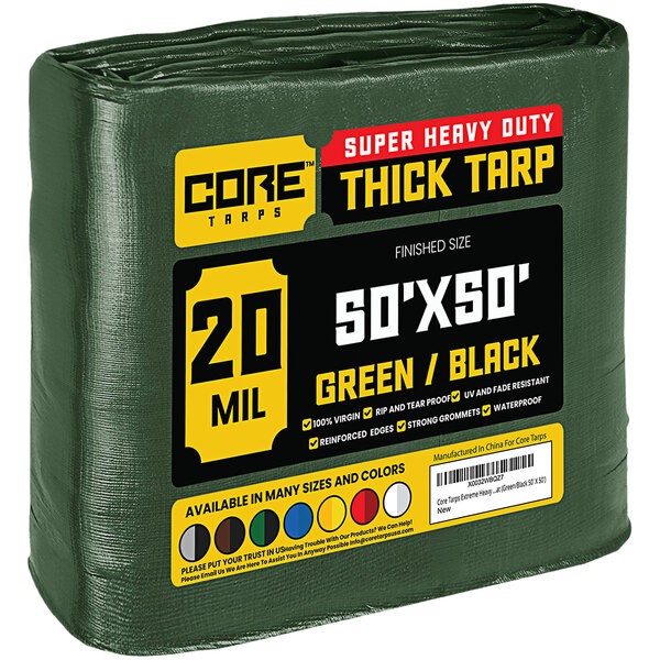 A green and black Core heavy-duty weatherproof tarp in plastic packaging.