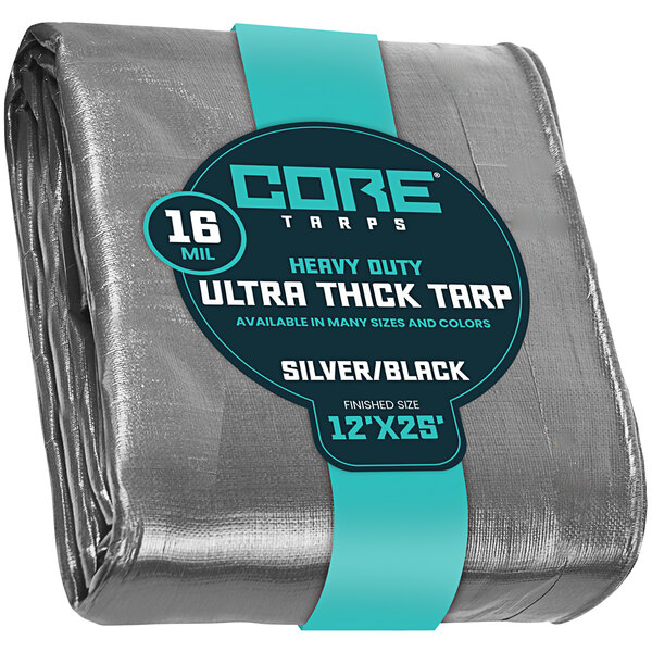 A close-up of a Core silver and black heavy-duty poly tarp with reinforced edges.