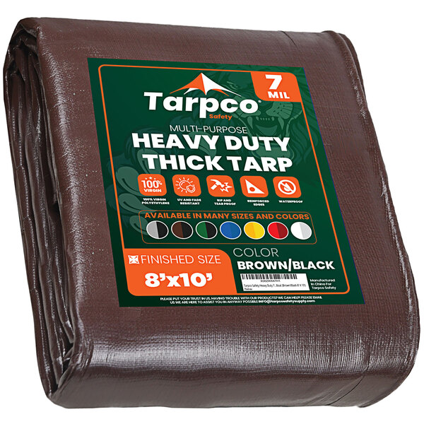 A brown Tarpco poly tarp with green and white text.