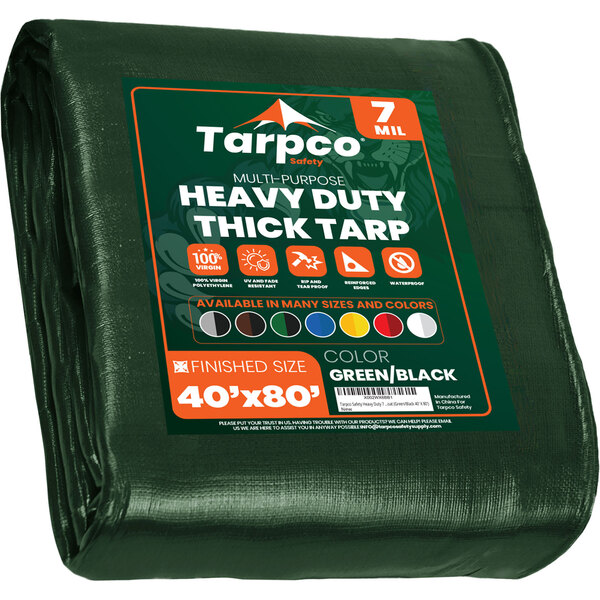 A green Tarpco poly tarp with white text on the label.