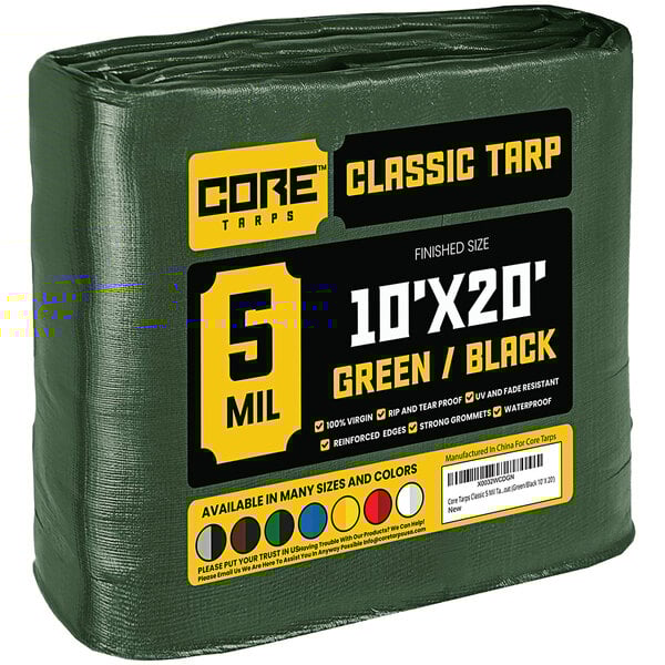 A green Core Classic 10' x 20' tarp wrapped in plastic.