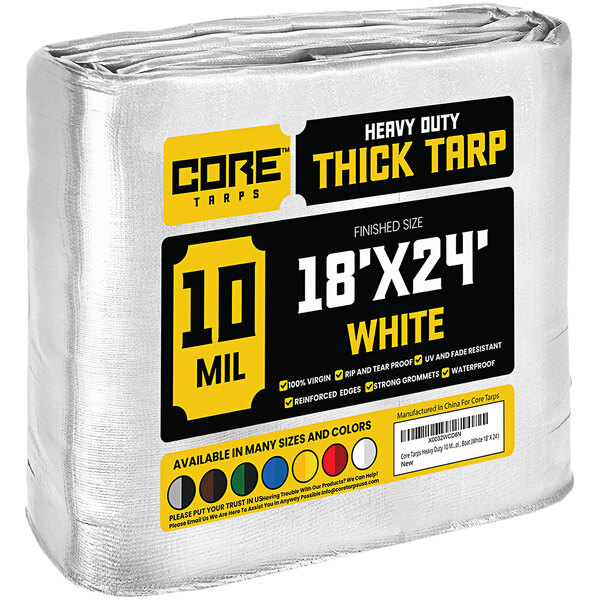 A large white Core Heavy-Duty Weatherproof Poly Tarp with reinforced edges.