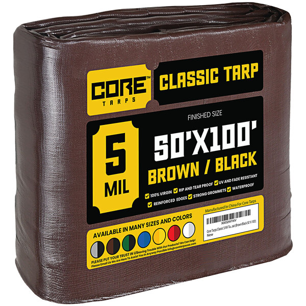 A brown Core Classic weatherproof tarp with reinforced edges.