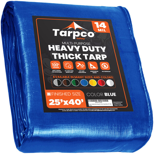 A blue Tarpco Safety poly tarp with black and white text on the label.