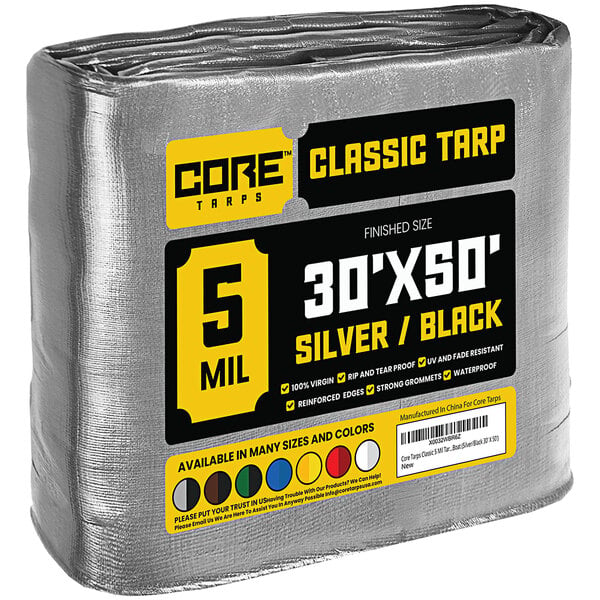 A roll of Core Classic silver and black weatherproof poly tarp with yellow and black text.