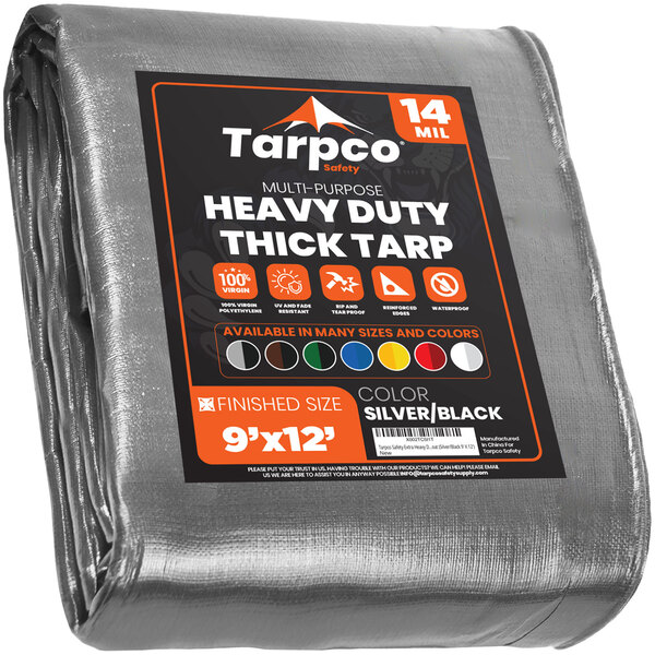 A large Tarpco silver and black heavy-duty poly tarp.