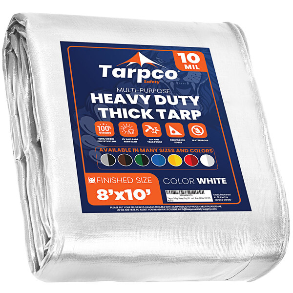 A white Tarpco heavy-duty poly tarp with blue and red labels.