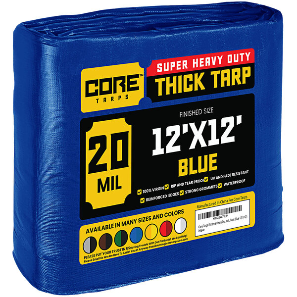 A blue Core 12' x 12' heavy-duty weatherproof tarp with reinforced edges.