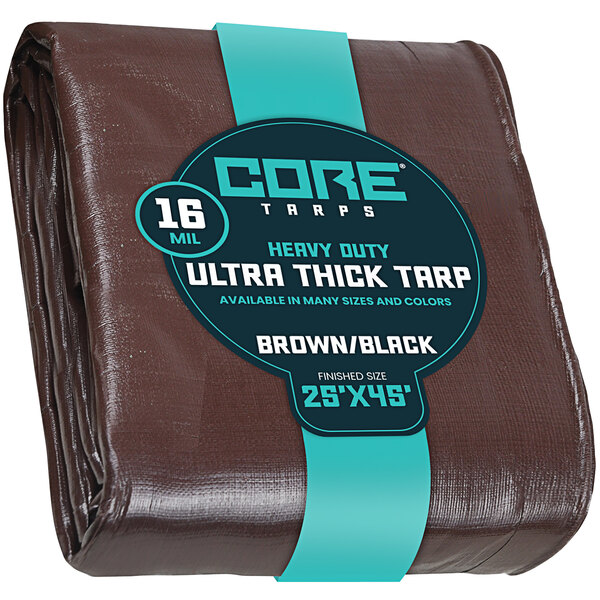 A brown Core Extra Heavy-Duty Weatherproof Poly Tarp with reinforced edges in blue packaging.