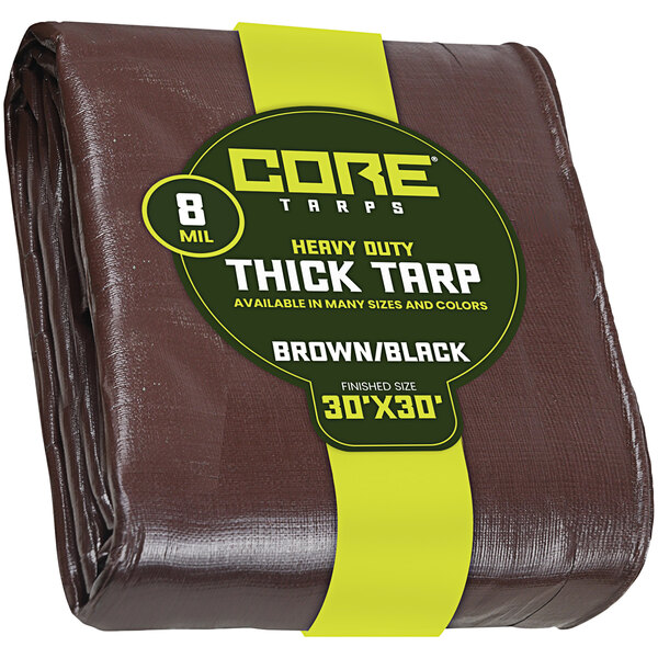 A brown and black Core heavy-duty poly tarp with reinforced edges.
