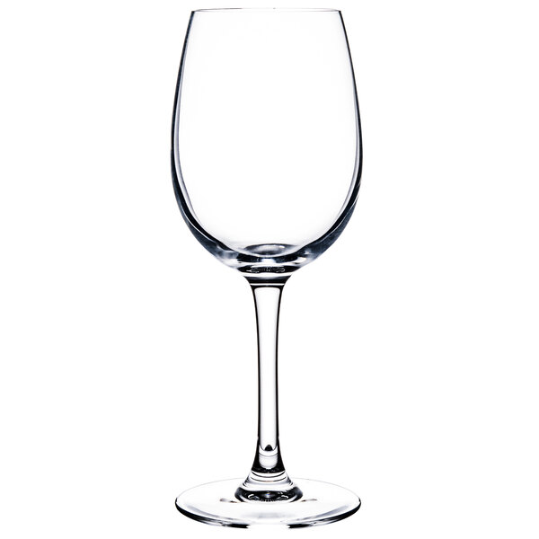 A close-up of a clear Chef & Sommelier wine glass with a stem.
