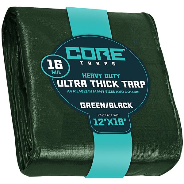 A green and black Core heavy-duty poly tarp with reinforced edges.