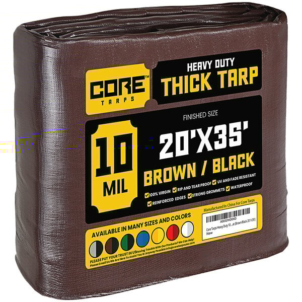 A brown Core 20' x 35' heavy-duty poly tarp with reinforced edges.