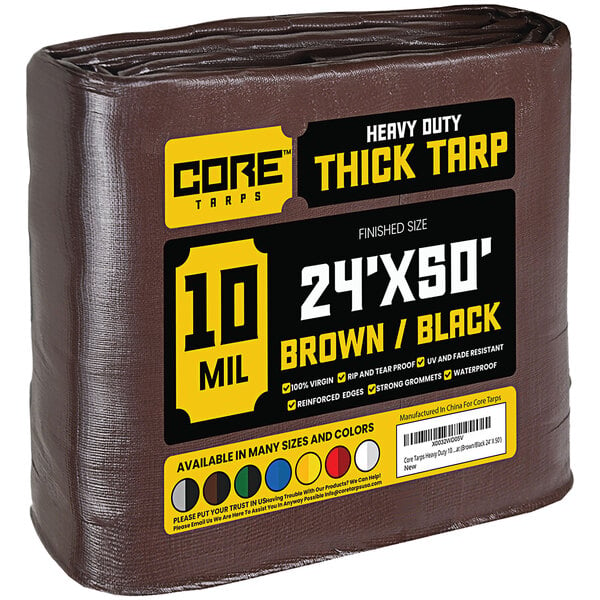 A brown plastic-wrapped roll of Core Brown Heavy-Duty Weatherproof Poly Tarp.