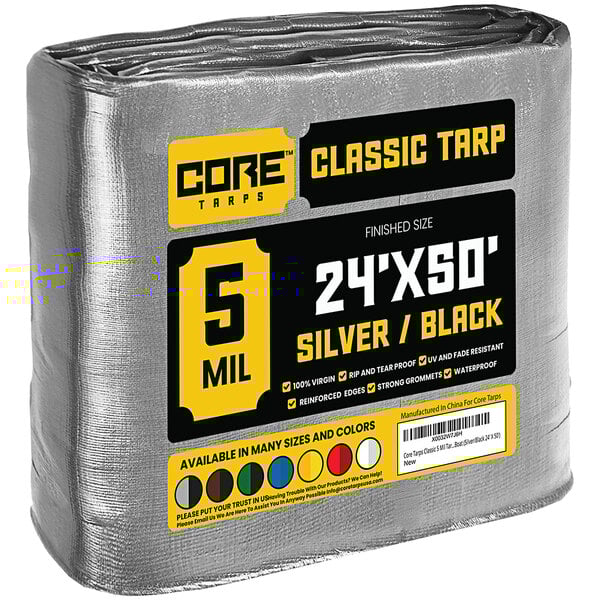 A roll of Core Classic Weatherproof Poly Tarp with silver and black text on the label.