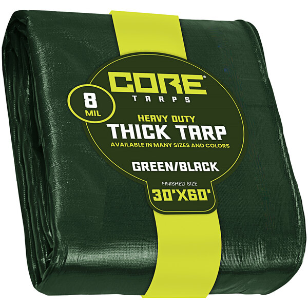 A green tarp with a yellow label that reads "Core"