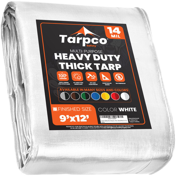 A white Tarpco tarp with black, orange, and white text.