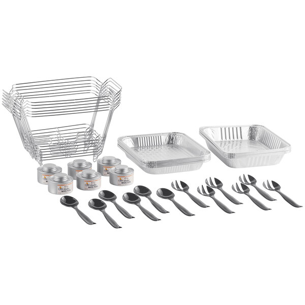 Choice 36 Piece 1/2 Size Disposable Serving / Chafer Dish Kit with (6) Wire  Stands, (6) Deep Pans, (6) Standard Pans, (6) 4 Hour Wick Fuels, and (12)  Utensils