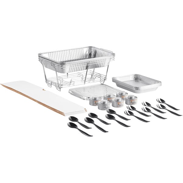 Choice 15 Piece Full Size Disposable Chafer Dish Kit with (3) Wire Stands,  (3) Deep Pans, (3) Shallow Pans, and (6) 4 Hour Wick Fuels