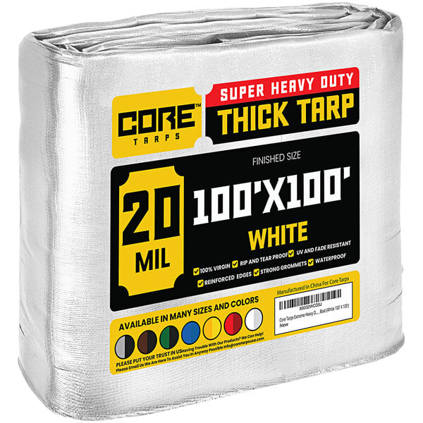 A large roll of white Core heavy-duty weatherproof industrial tarps.