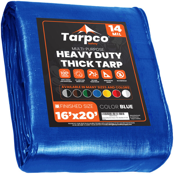 A blue tarp with black and white text that says "Tarpco Safety 14 Mil"