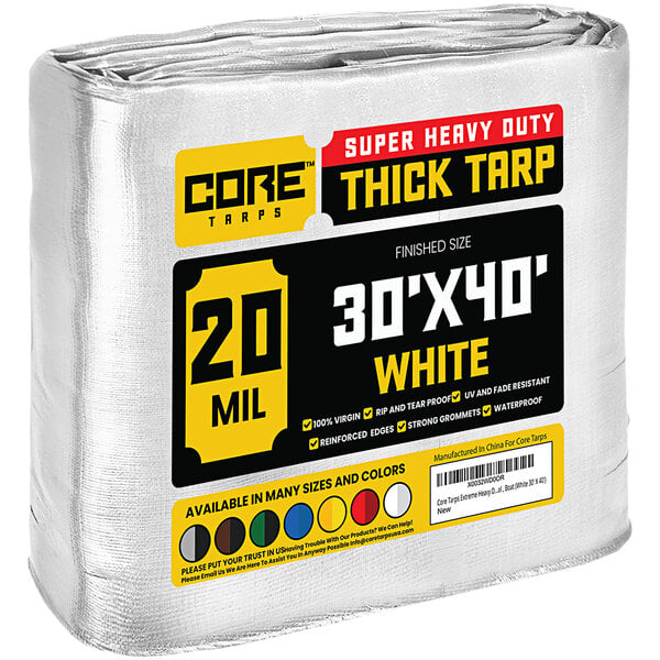 A white Core Heavy-Duty Weatherproof Poly Tarp with reinforced edges.