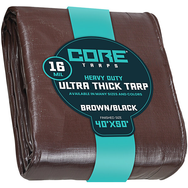 A brown and black Core heavy-duty poly tarp with reinforced edges.