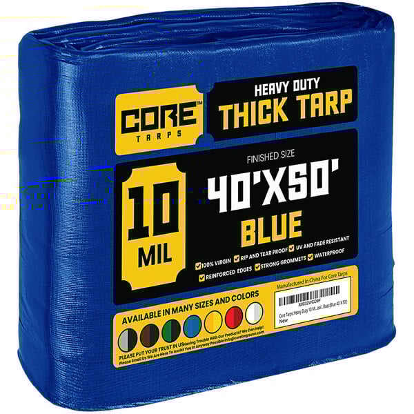 A blue Core Heavy-Duty Weatherproof Poly Tarp with reinforced edges in plastic packaging.