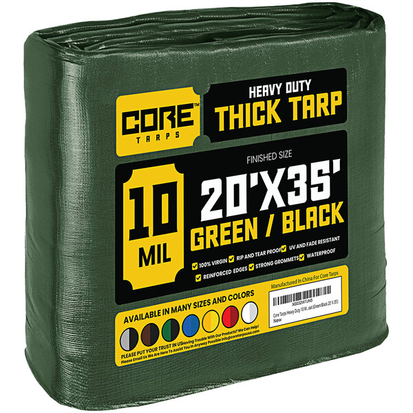 A green and black Core 20' x 35' poly tarp with reinforced edges wrapped in plastic.