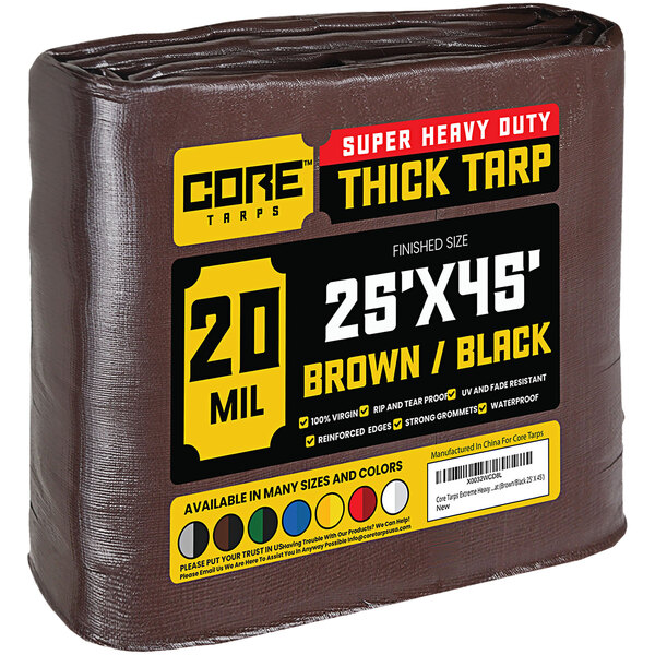 A brown and black Core Heavy-Duty Weatherproof Poly Tarp with reinforced edges.