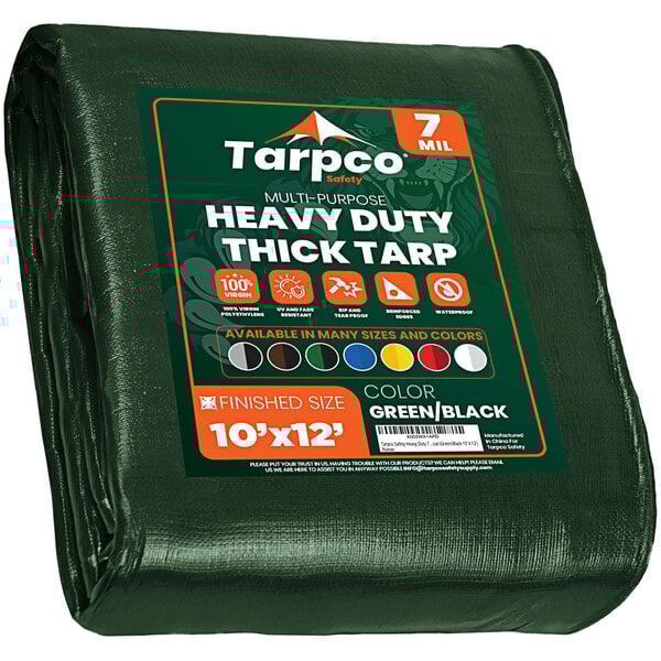 A green Tarpco heavy-duty weatherproof tarp with white text reading "Tarpco"